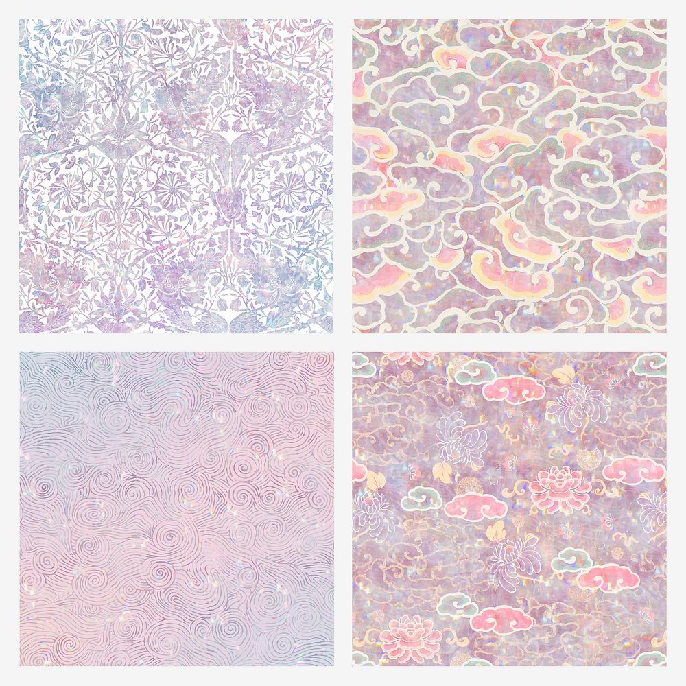 Vintage holographic floral vector pattern set remix from artwork by William Morris