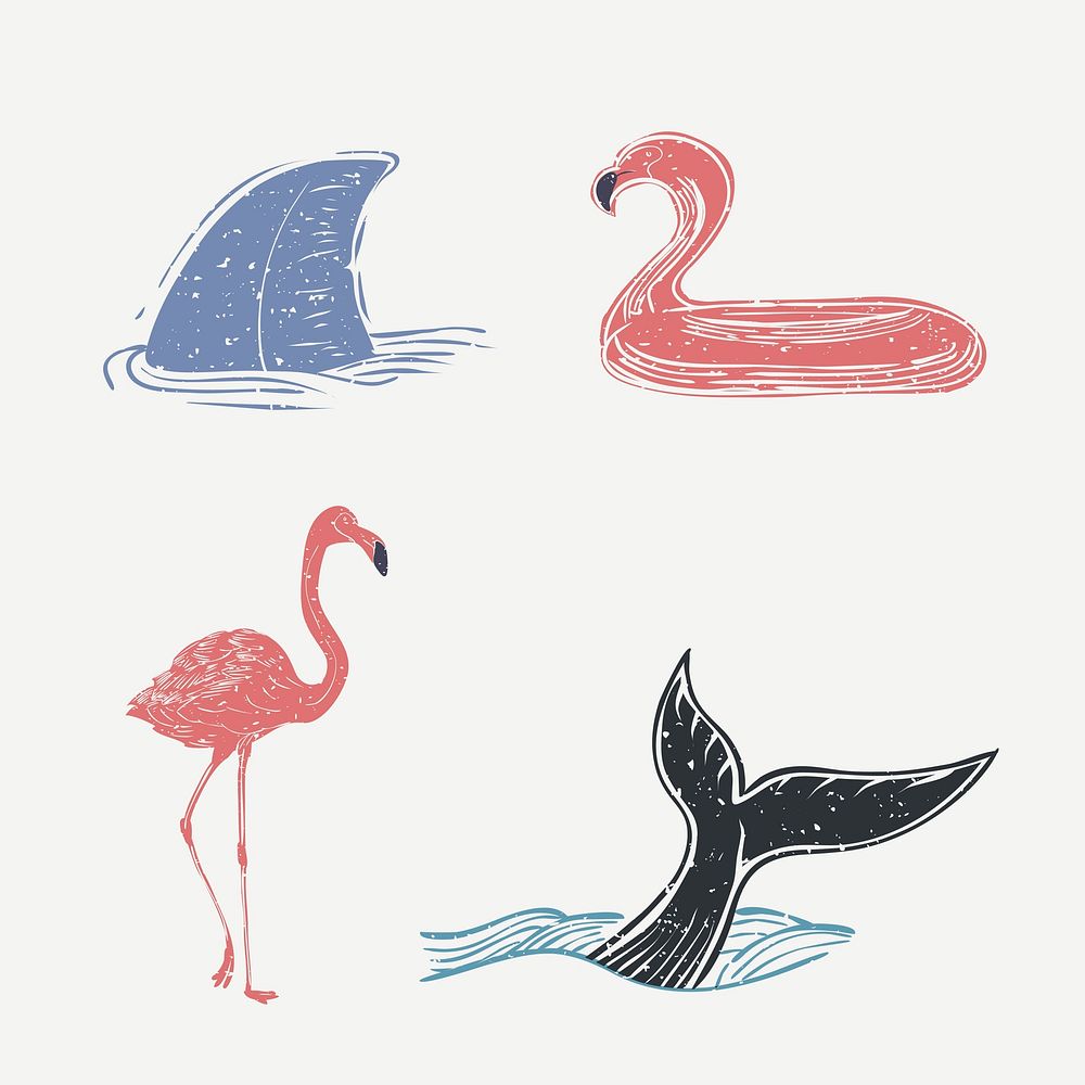 Marine life and flamingo vector printmaking design elements set