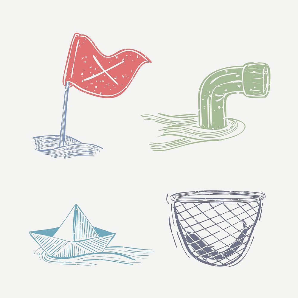 Cute linocut vector floating in the sea collection