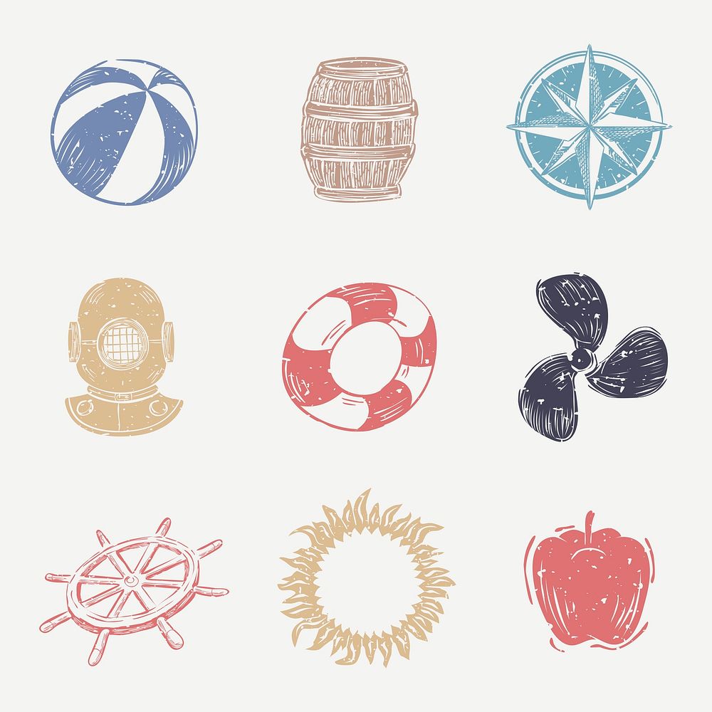 Colorful linocut vector nautical graphic collection