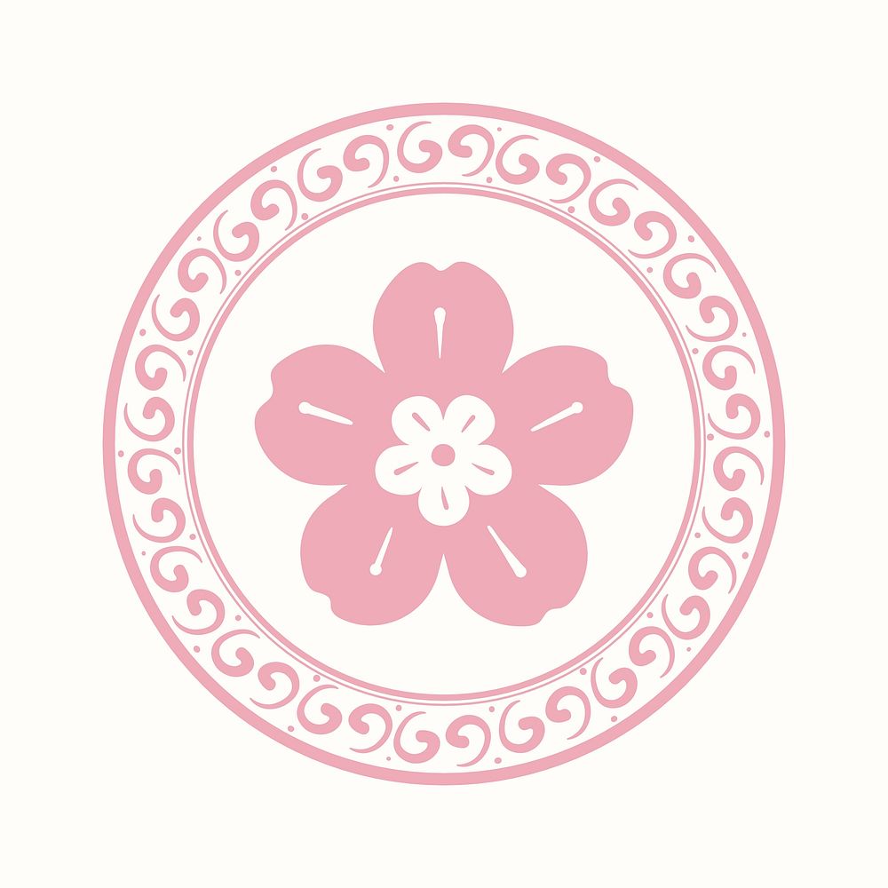 Pink sakura flower badge vector Chinese traditional symbol