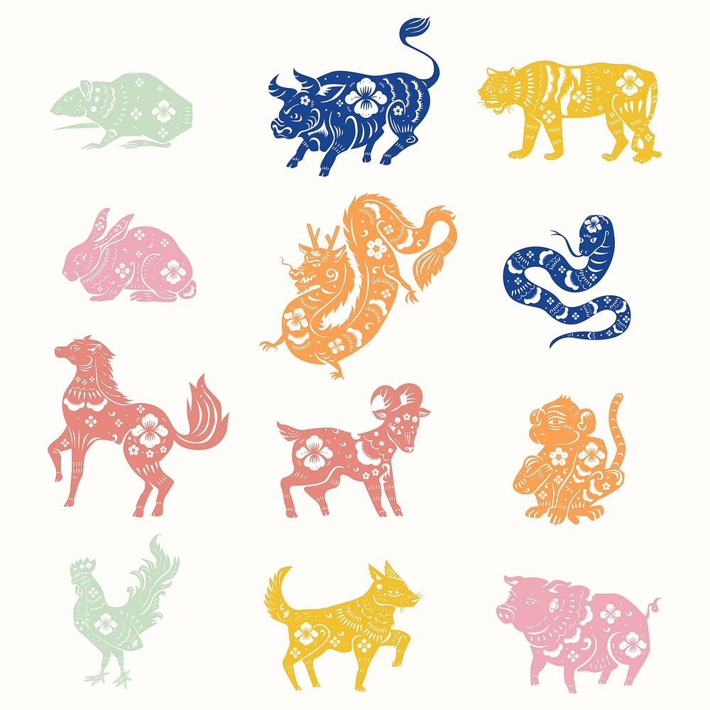 Chinese New Year animals psd colorful animal zodiac sign stickers set