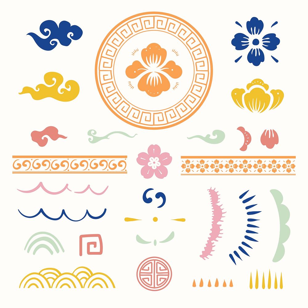 Colorful Chinese traditional flowers vector type temporary tattoos set