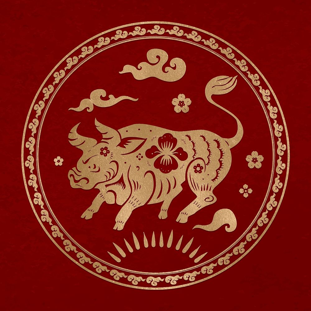 Year of ox badge vector gold Chinese horoscope zodiac animal