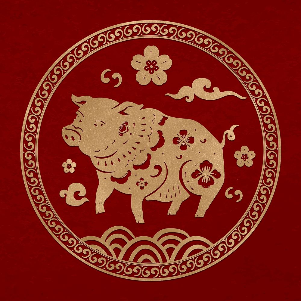 Pig year golden badge vector traditional Chinese zodiac sign