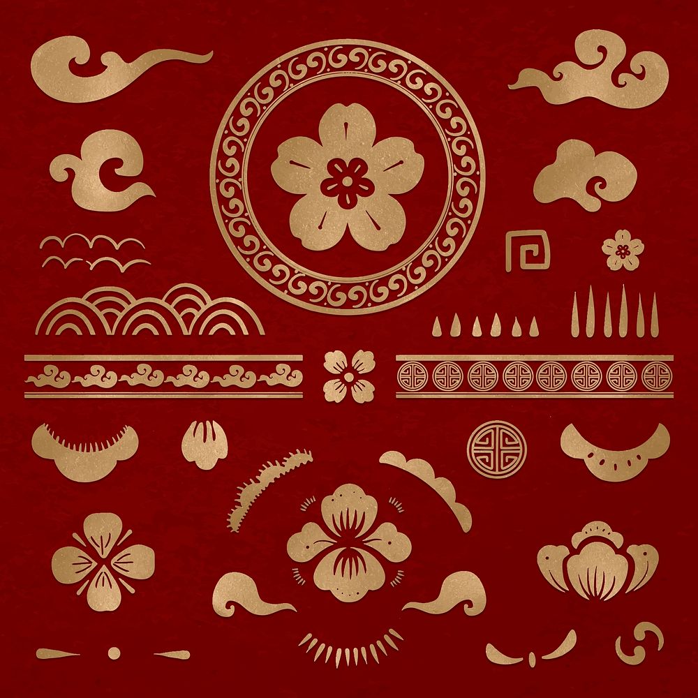 Chinese flowers gold vector stickers set