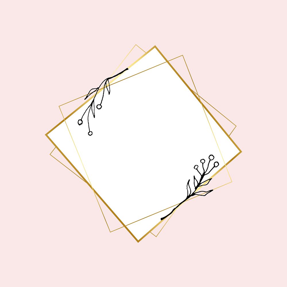 Gold square frame vector with simple flower drawing