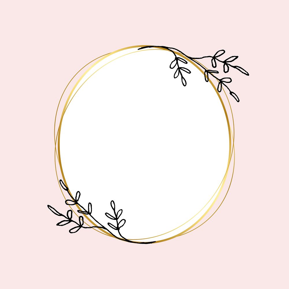 Gold round frame vector with simple flower drawing