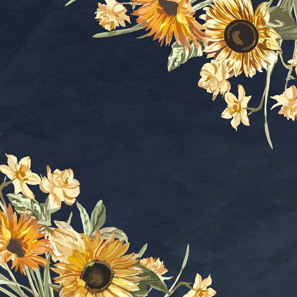 Floral border vector with watercolor sunflower on navy blue background