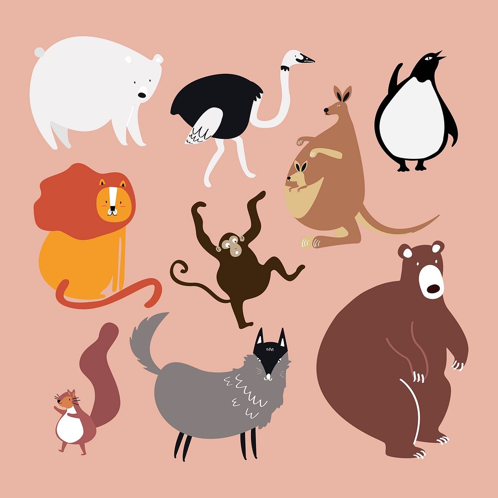 Cute animal stickers psd colorful wildlife doodle for kids collection