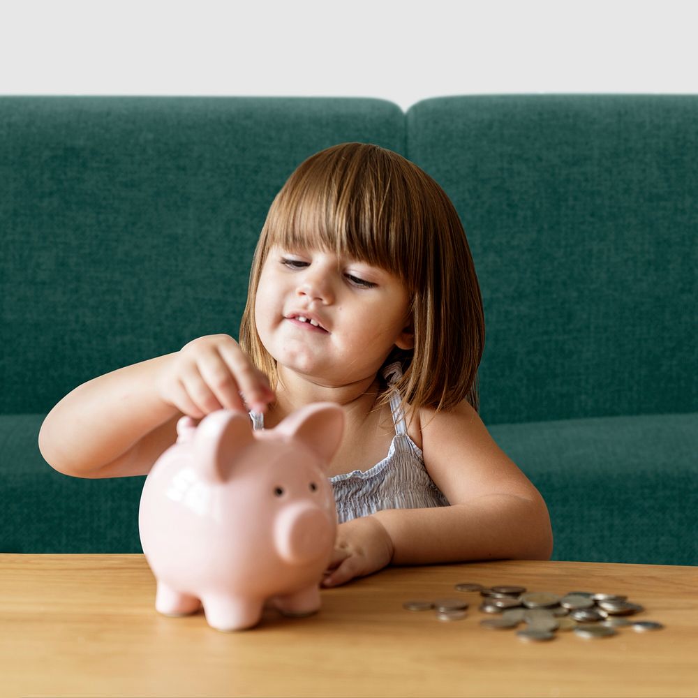 Child savings, kids and piggy bank