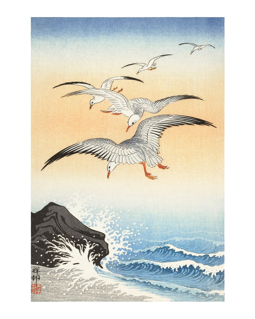 Ohara Koson seagull woodblock print, vintage Five seagulls above turbulent sea wall art decor and painting