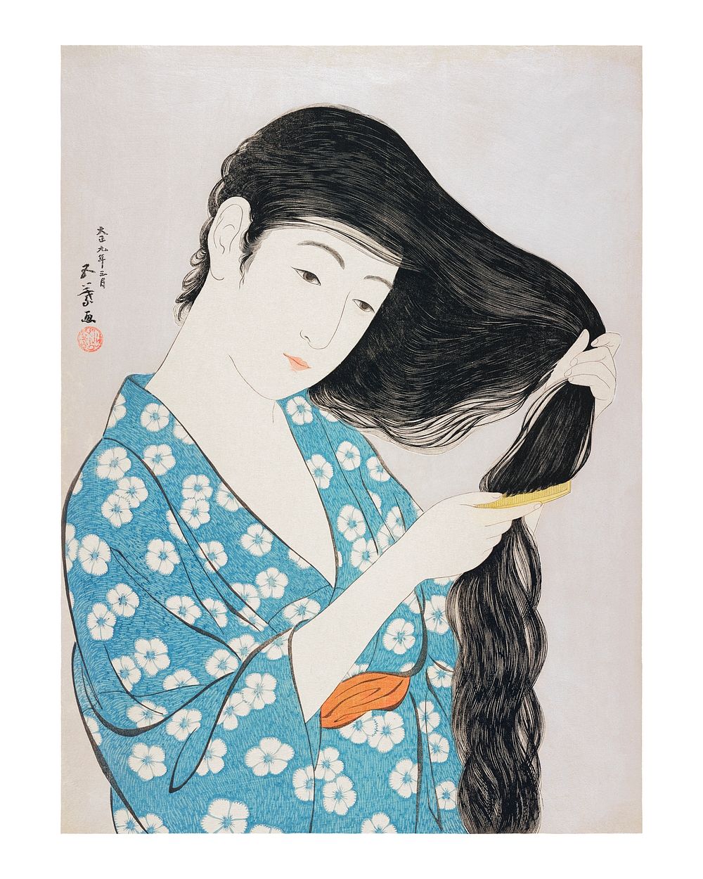 Goyō Hashiguchi woman woodblock print, vintage Woman Combing Her Hair wall art decor