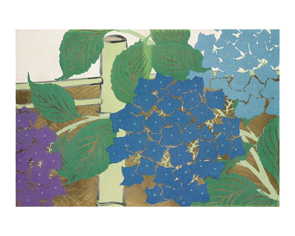 Kamisaka Sekka flower woodblock print, vintage Hydrangea from Momoyogusa&ndash;Flowers of a Hundred Generations wall art…