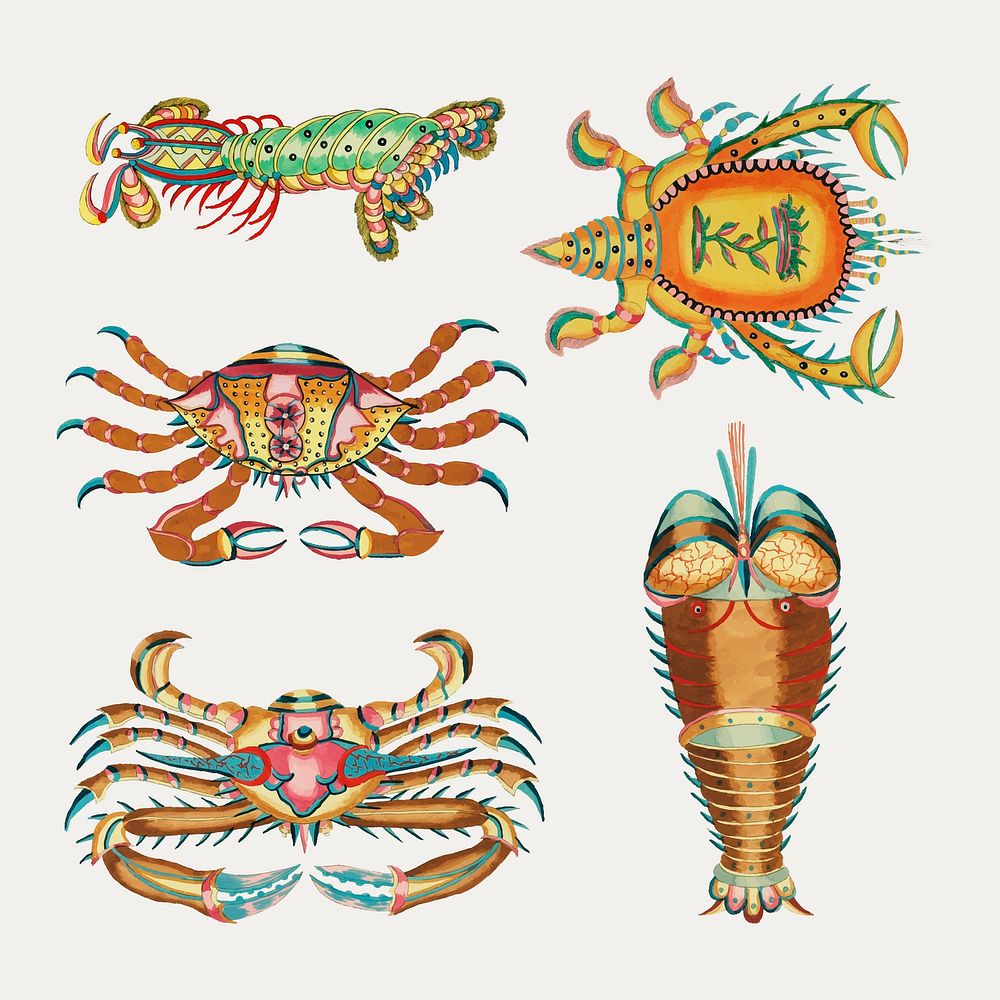 Ancient aquatic animal sticker, vintage illustration vector, remix from the artwork of Louis Renard set
