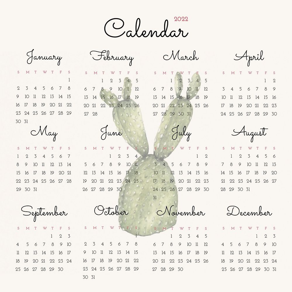 Botanical 2022 monthly calendar, cactus watercolor illustration