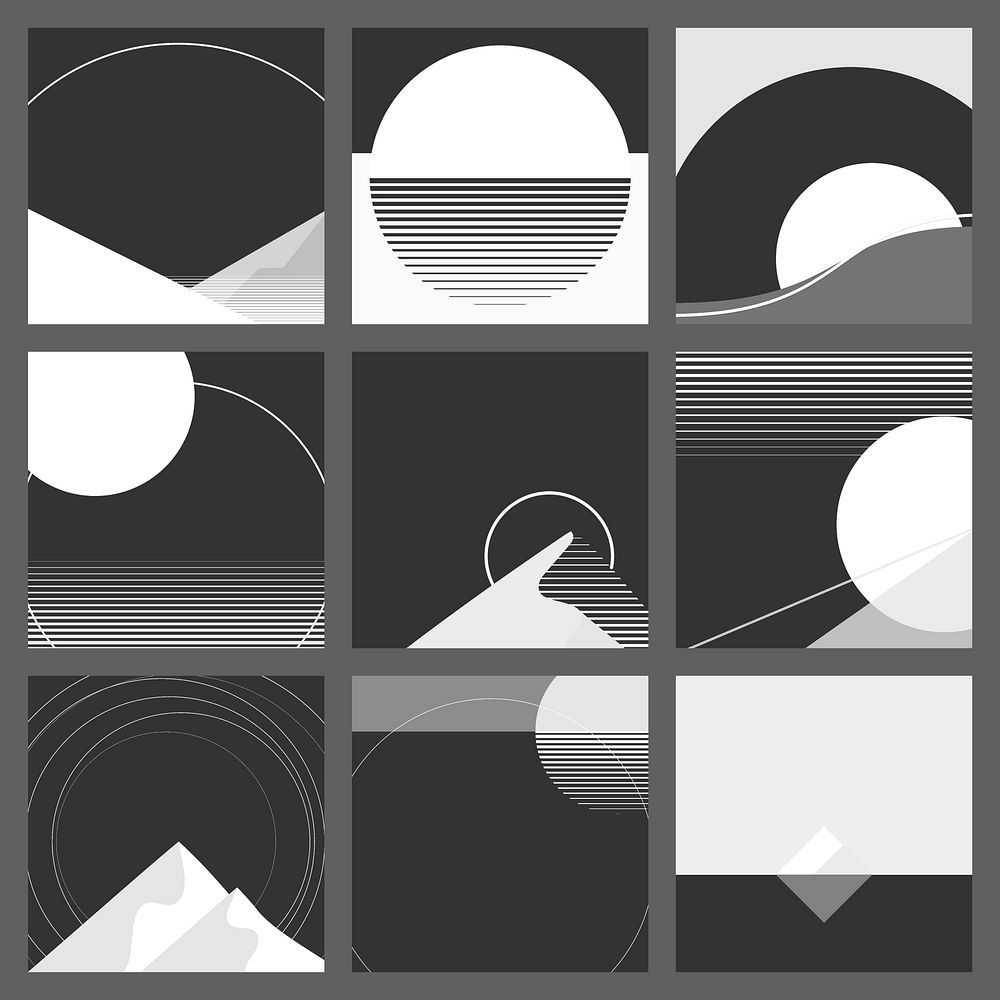 Monotone black and white geometric landscape background vector set
