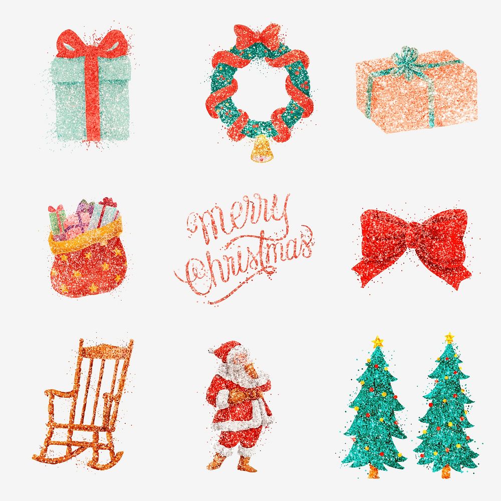 Colorful glitter hand drawn vector Christmas set