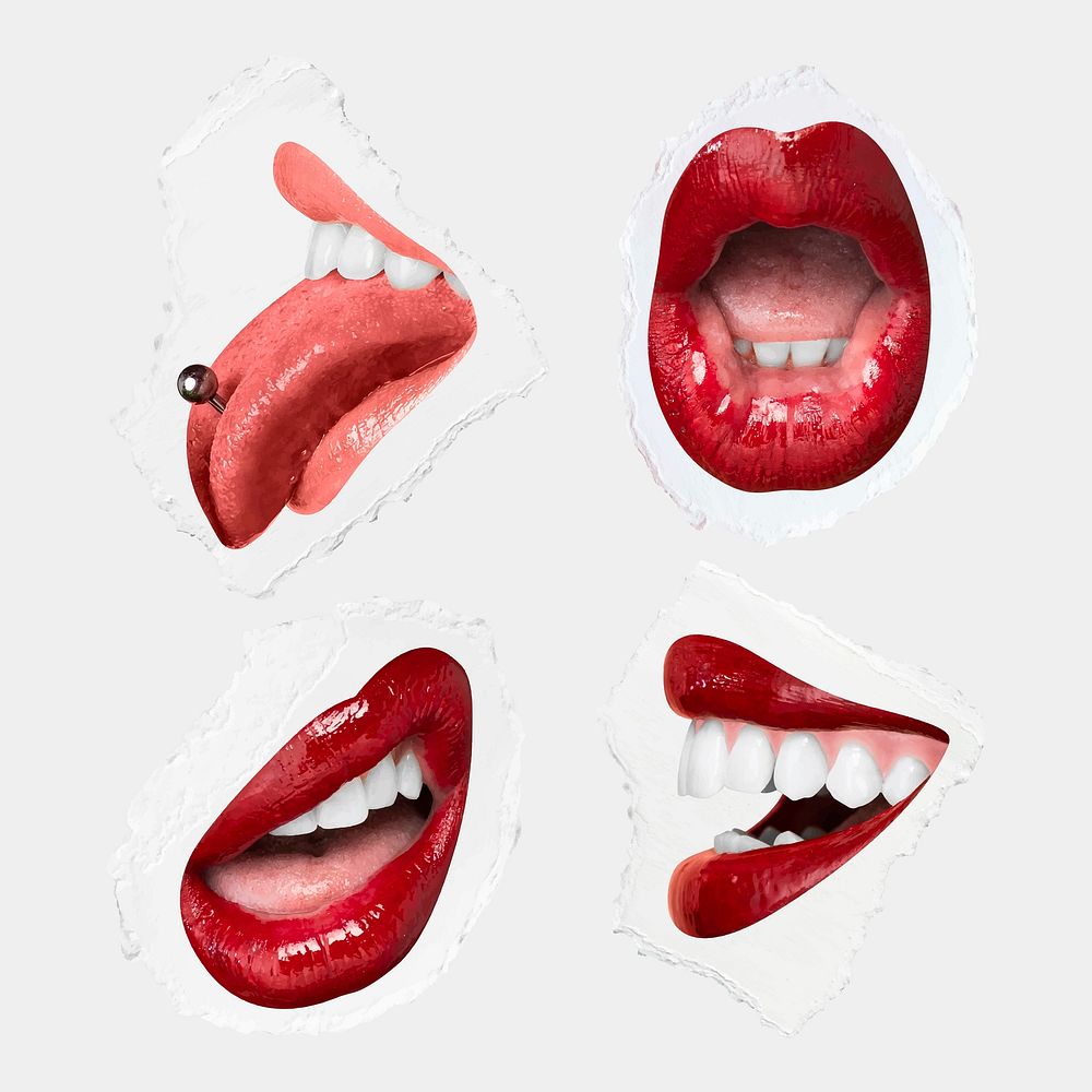 Red lips playful expression vector stickers set for Valentine's day