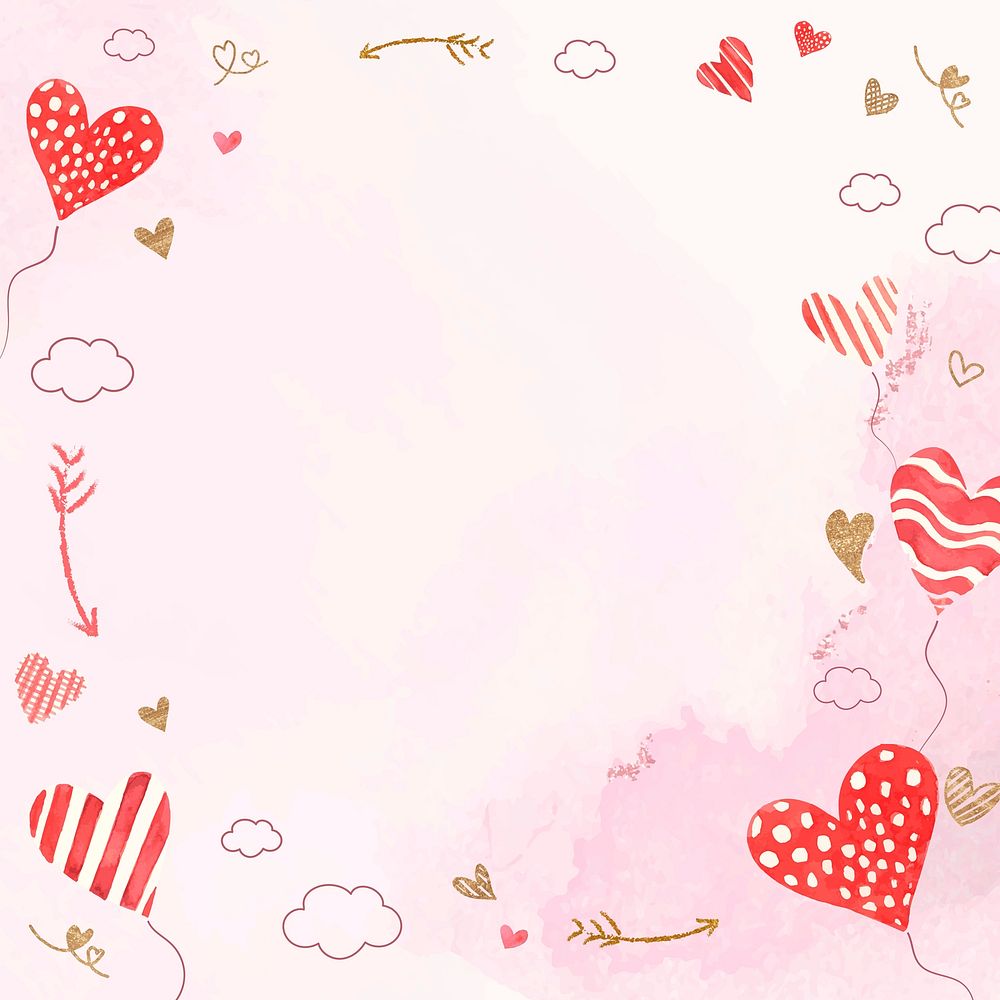 Valentine&rsquo;s heart balloon frame vector pink watercolor background