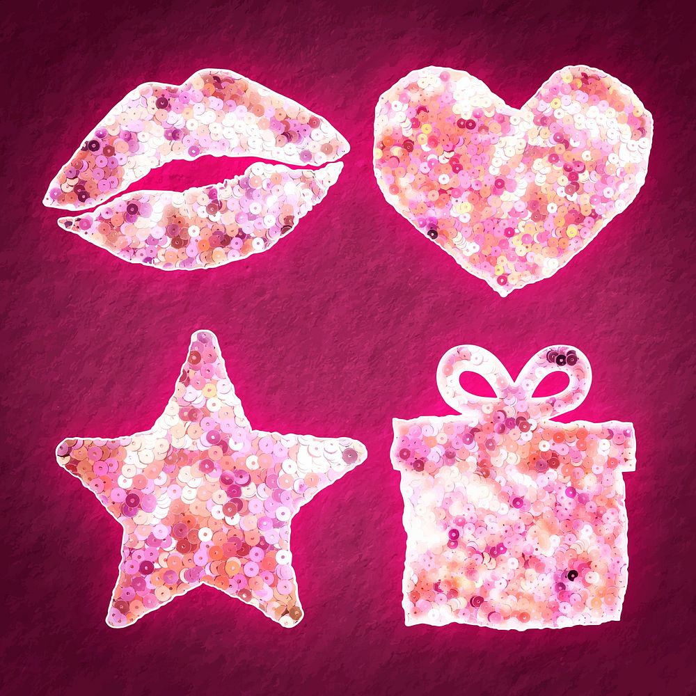 Pink sequin valentine&rsquo;s sticker vector set party element