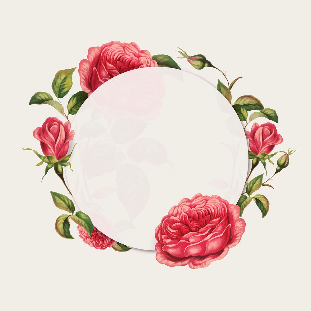 Red rose frame vector botanical round badge