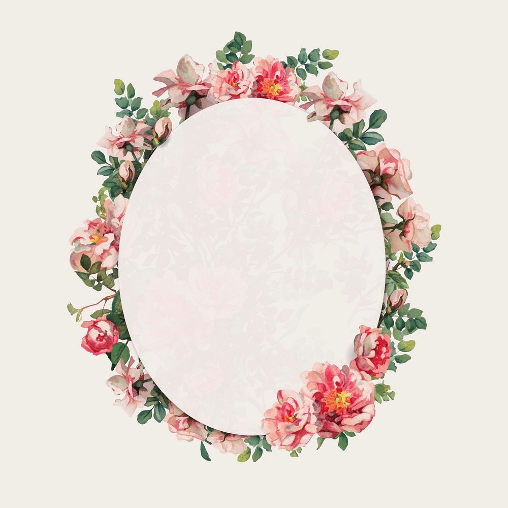 Pink rose frame vector floral oval badge