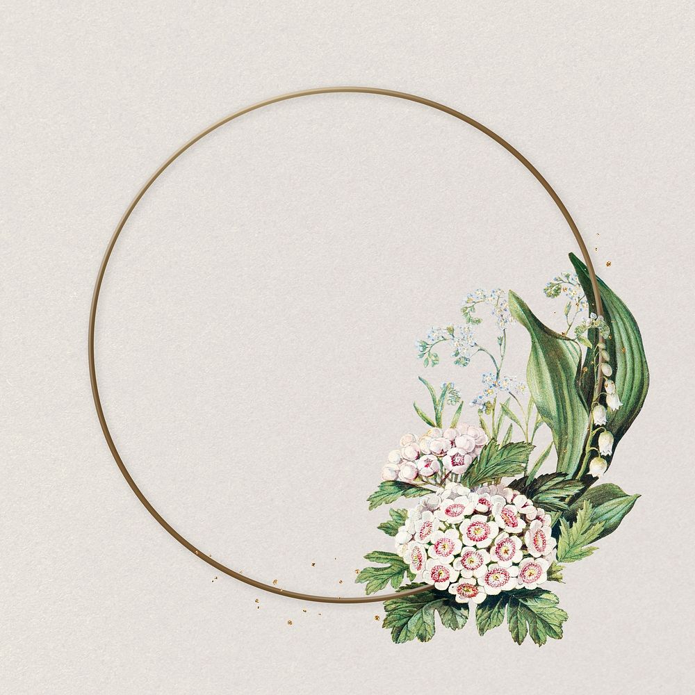 White hawthorn floral frame psd classic gold illustration