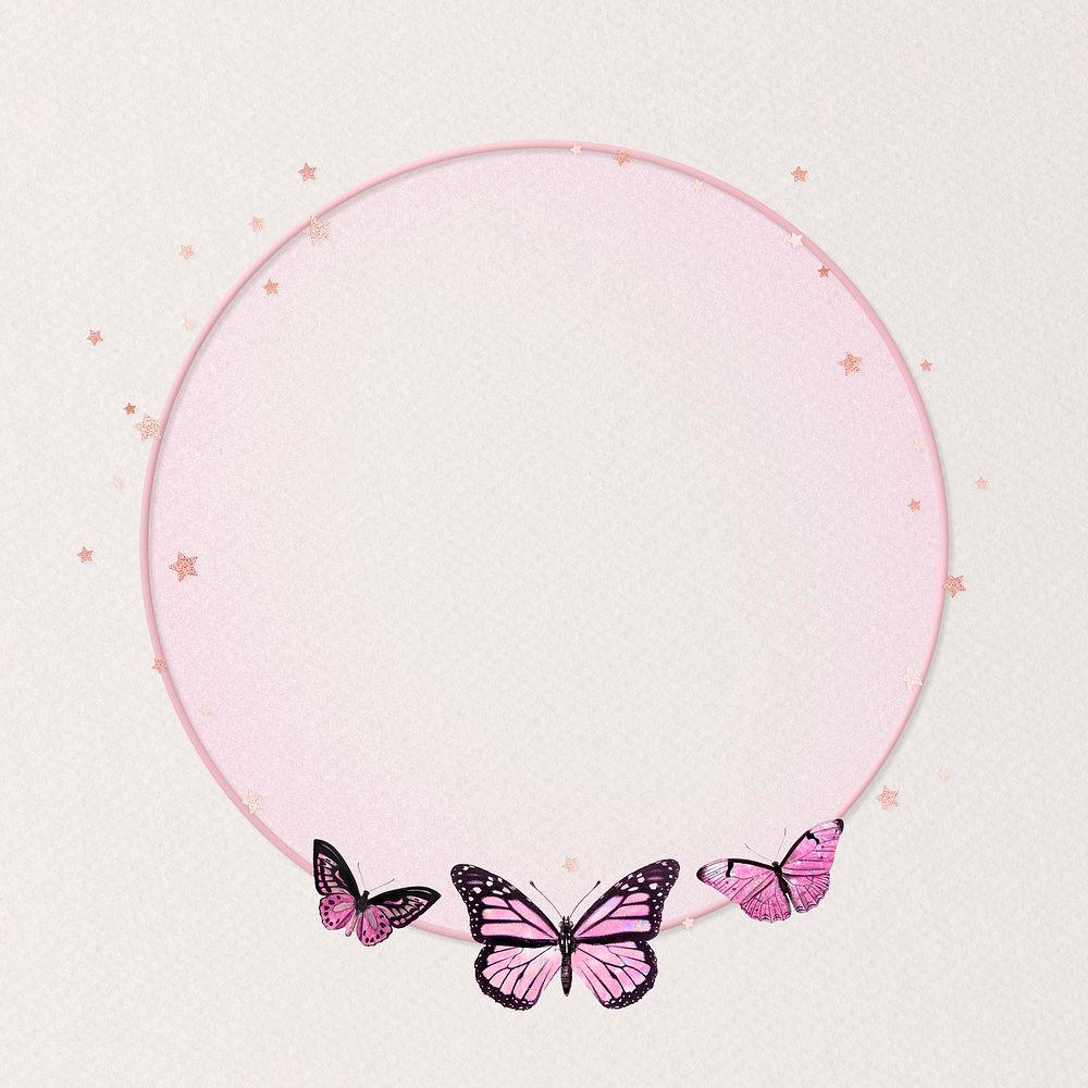 Aesthetic circle frame butterfly psd cute purple glittery illustration