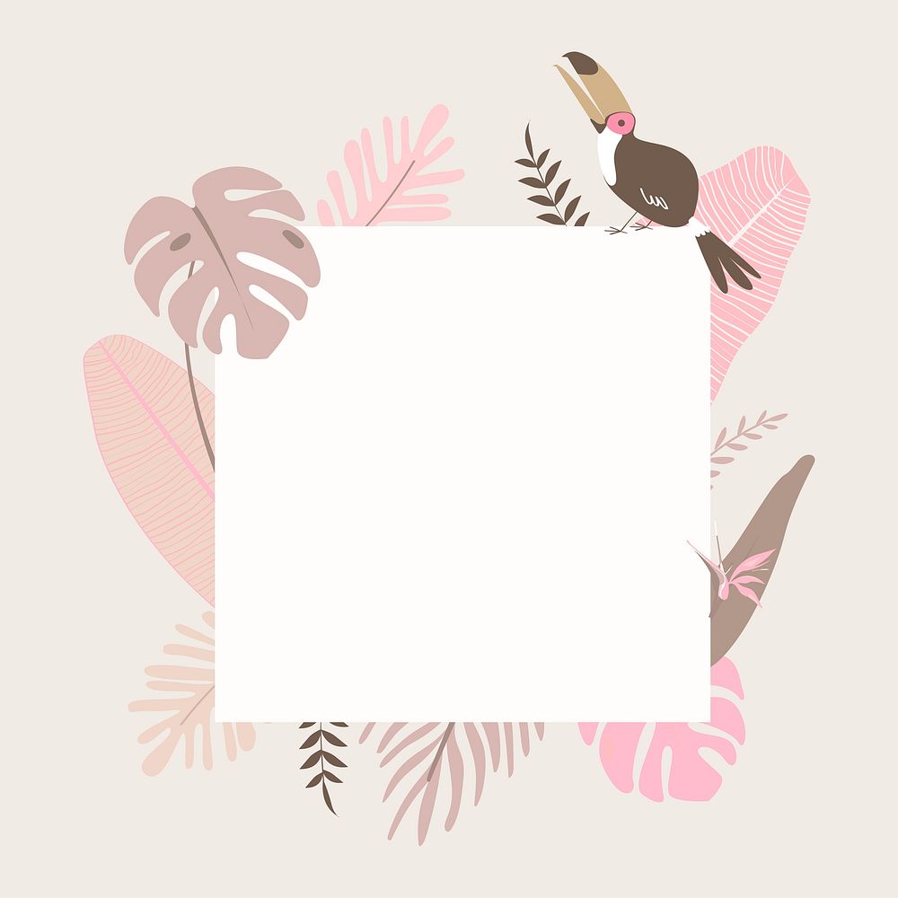 Pink botanical frame with tropical leaves and toucan bird psd