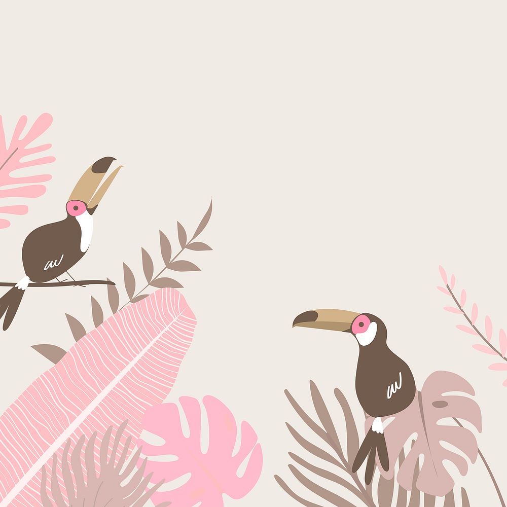 Pink botanical border frame, aesthetic tropical background psd with toucans