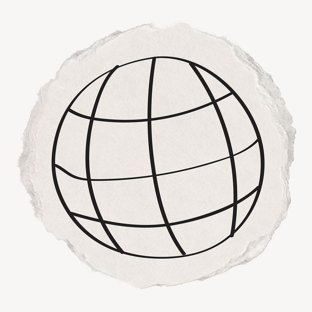 Grid globe doodle, ripped paper collage element