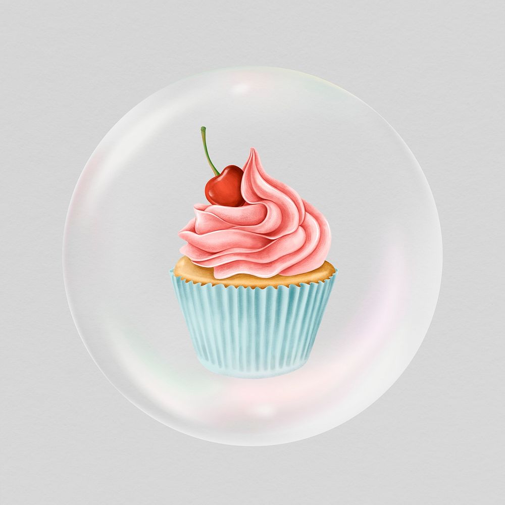 Cherry cupcake  sticker, dessert in bubble psd
