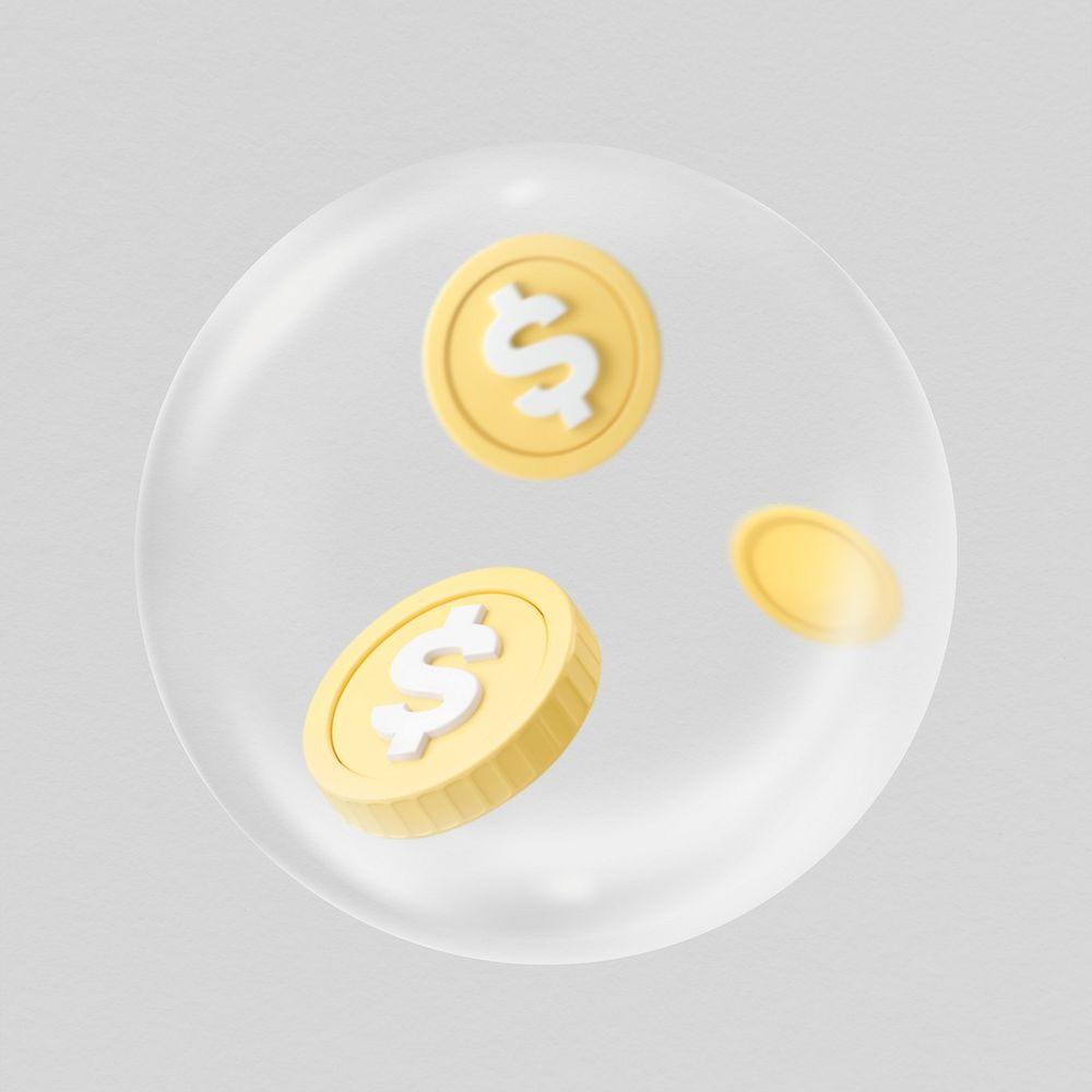 Gold coins in bubble, currency exchange concept art
