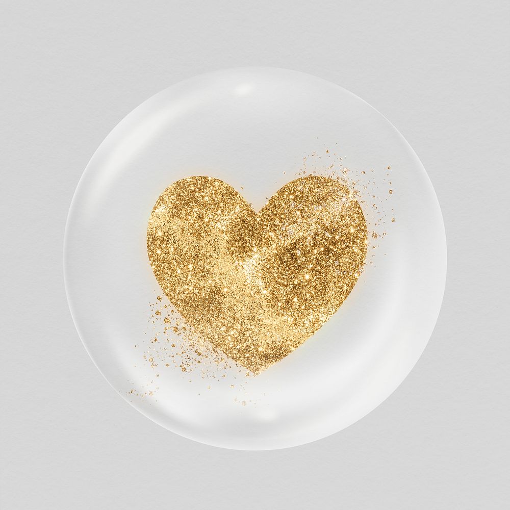 Glittery heart sticker, aesthetic graphic in bubble psd