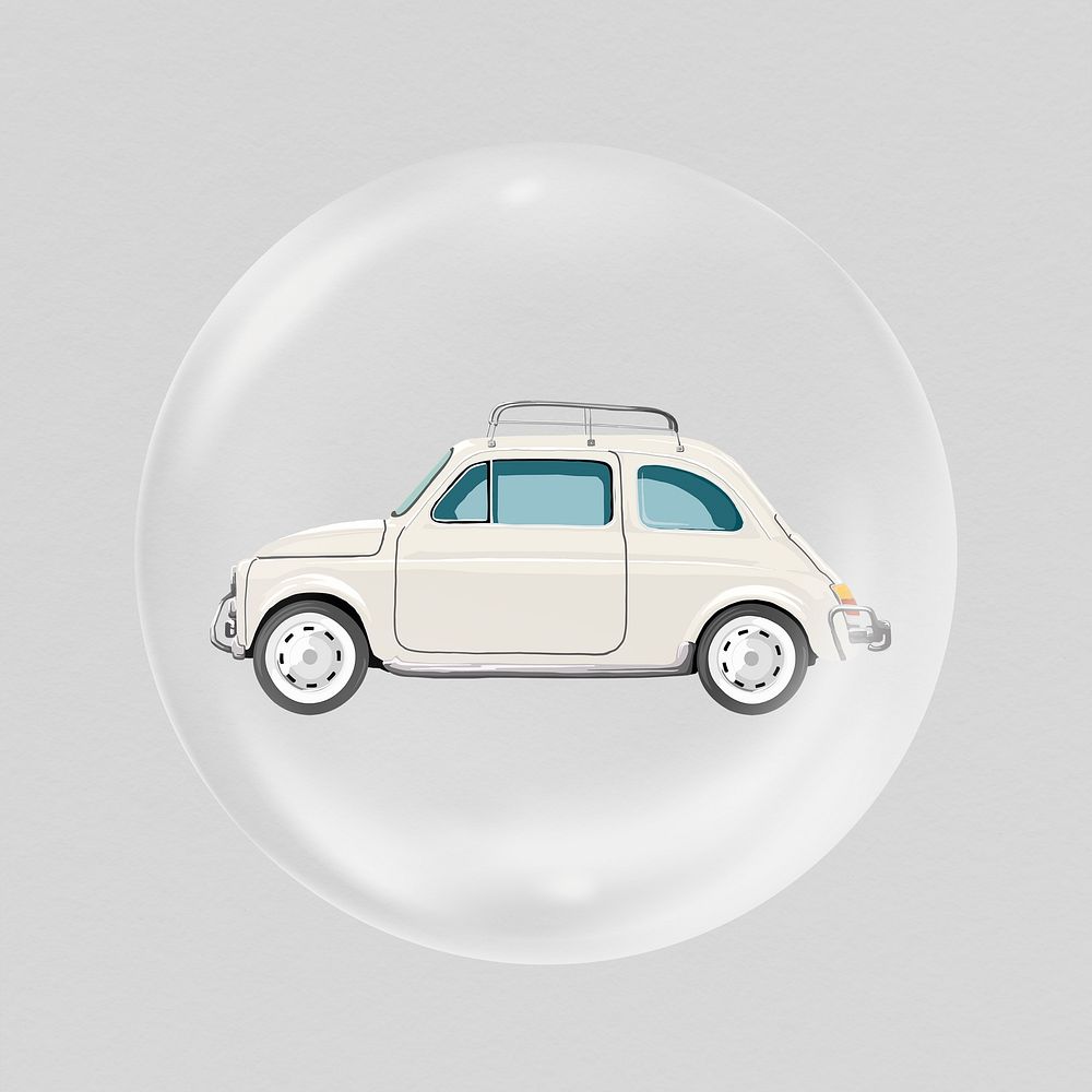 Classic car in bubble, travel graphic