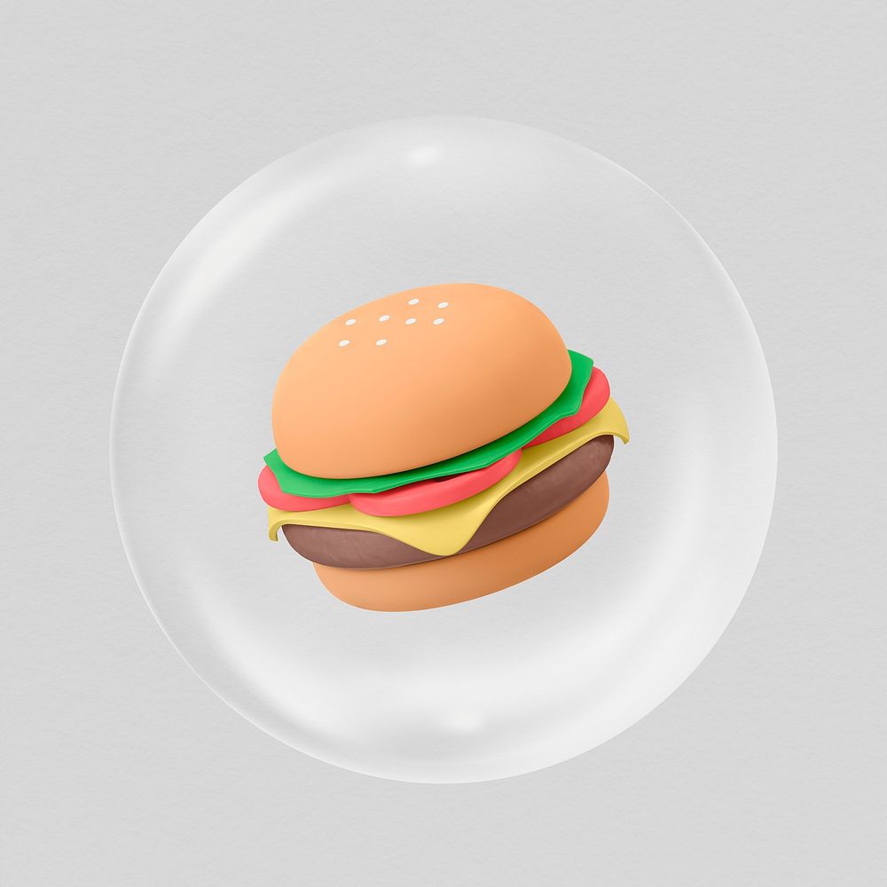 3D hamburger in bubble, food illustration