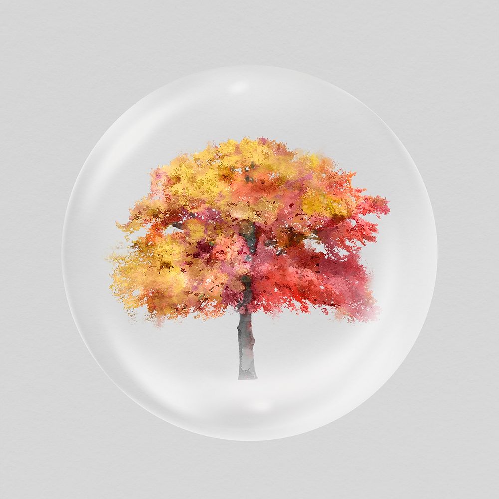 Watercolor Autumn tree in bubble, nature concept art