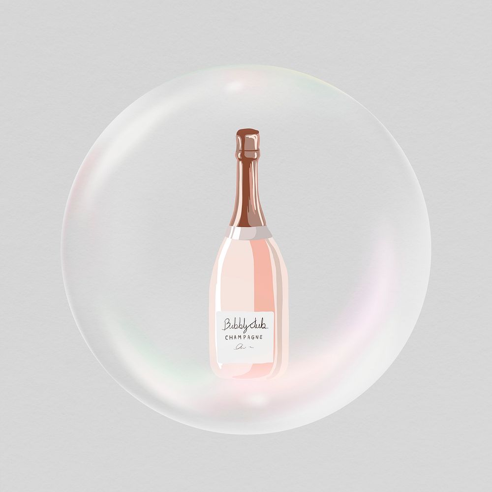 Champagne bottle  sticker, celebration drinks in bubble psd