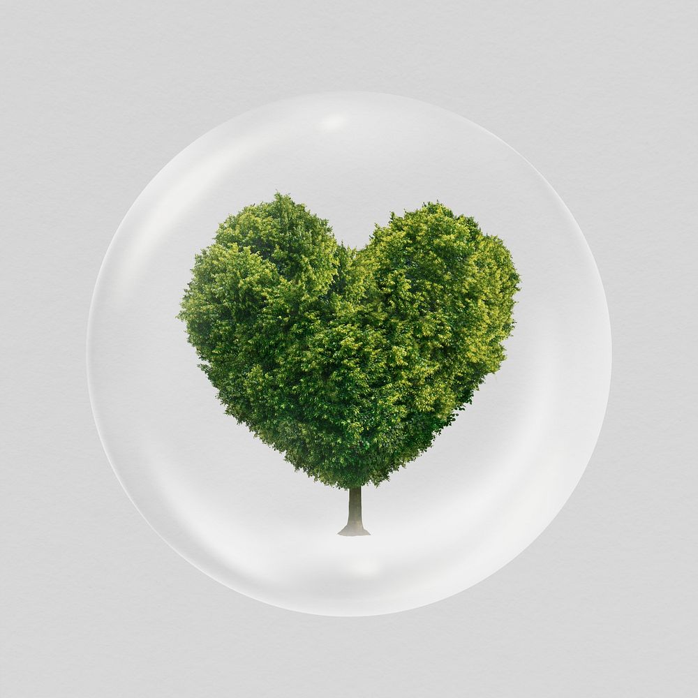 Heart tree in bubble sticker, sustainable environment concept art psd