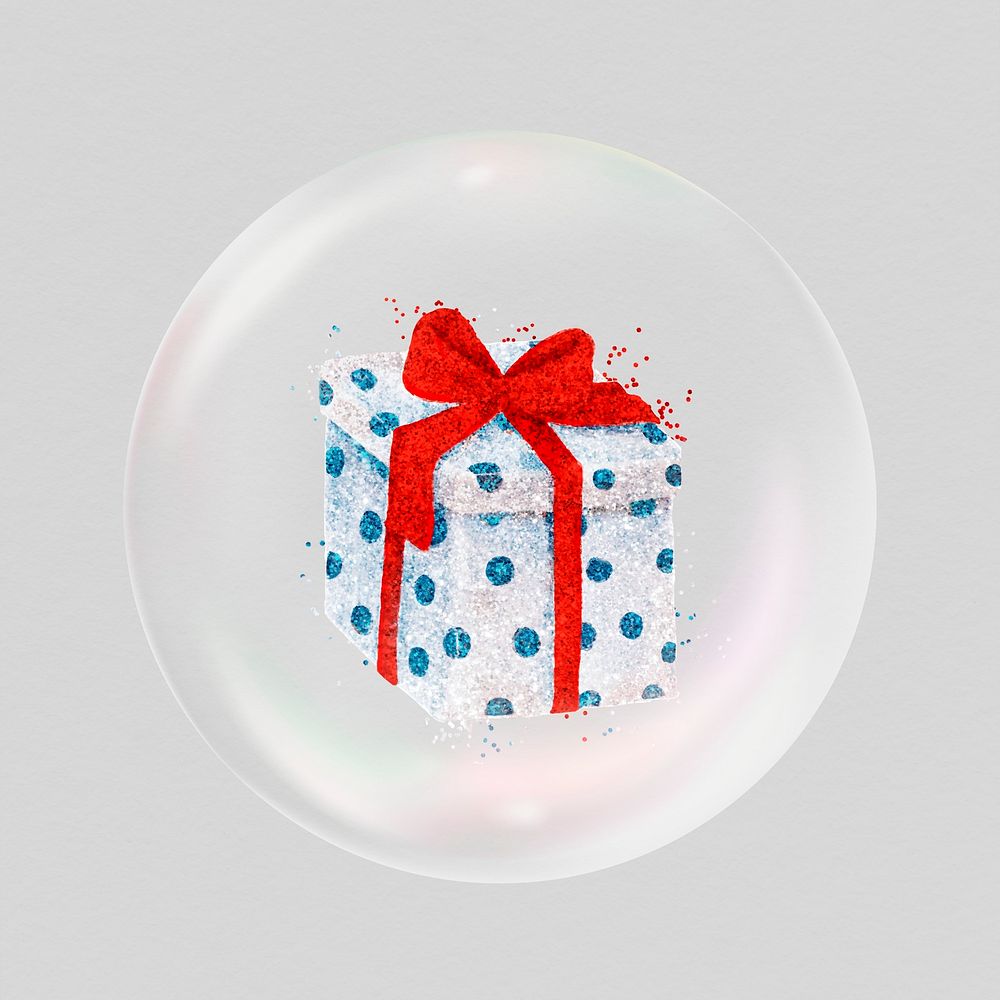 Christmas present sticker, glittery object in bubble psd