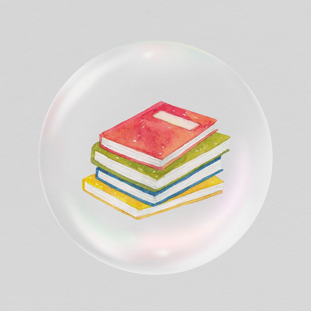 Watercolor stacked books in bubble, education bubble concept art