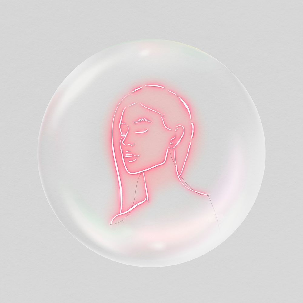 Woman portrait sticker, neon line art in bubble psd