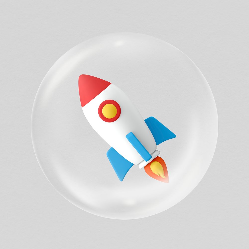 3D rocket in bubble sticker, business launch graphic psd