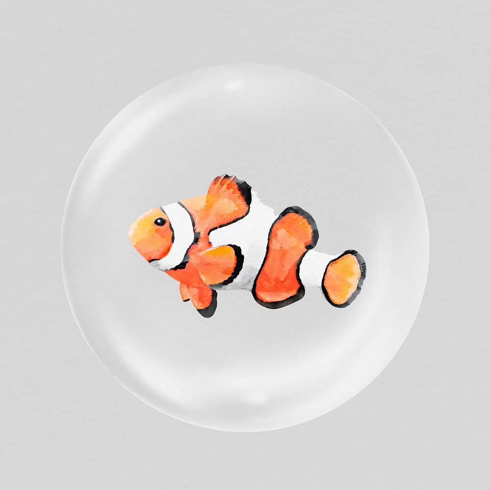 Clownfish sticker, watercolor animal in bubble psd
