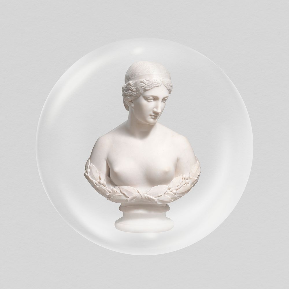 Nude Greek goddess sticker, marble statue in bubble psd