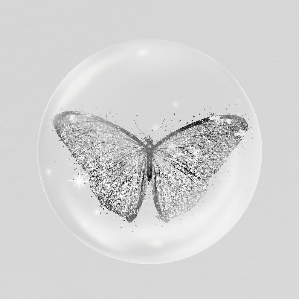 Glittery butterfly sticker, insect aesthetic bubble psd