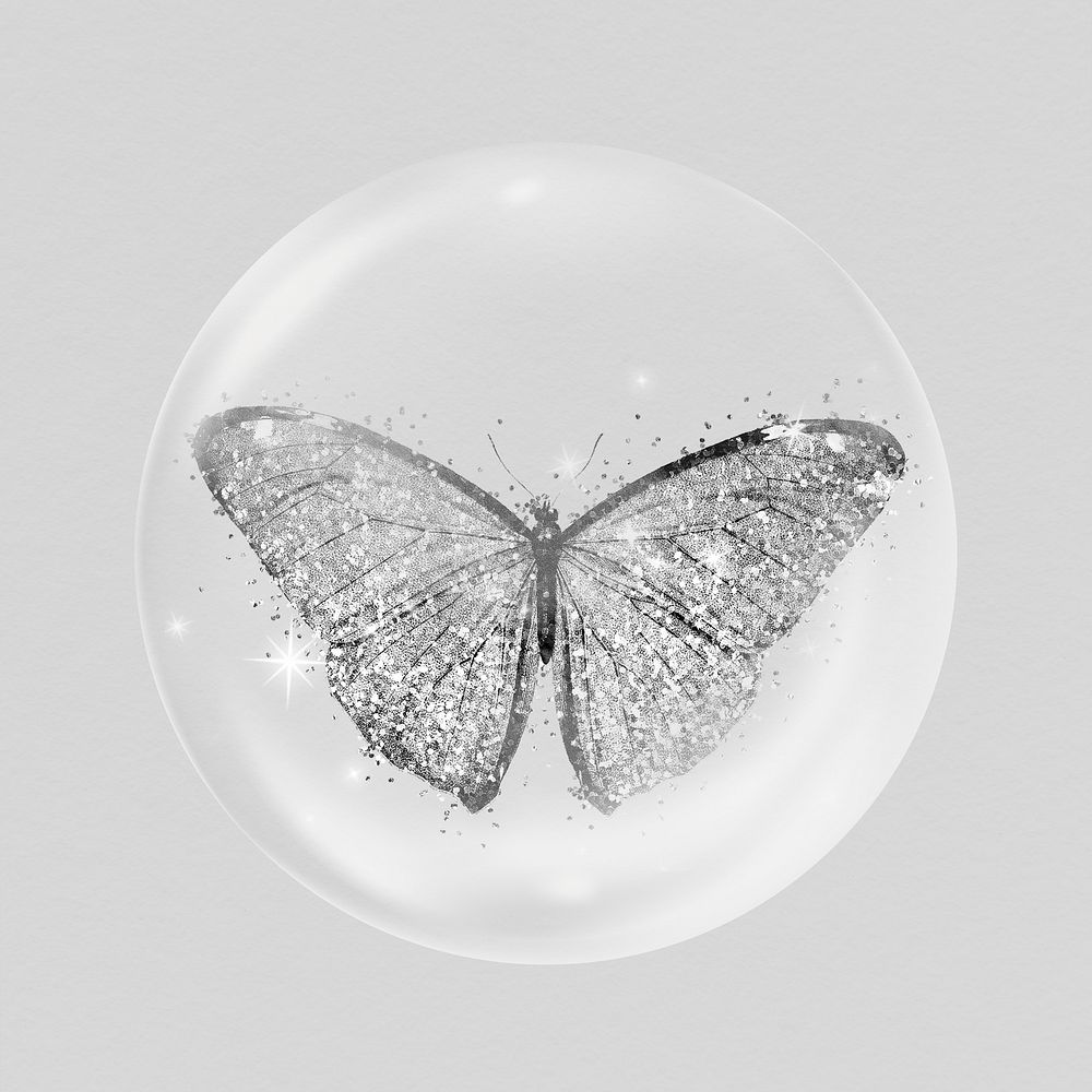 Glittery butterfly in bubble, insect aesthetic