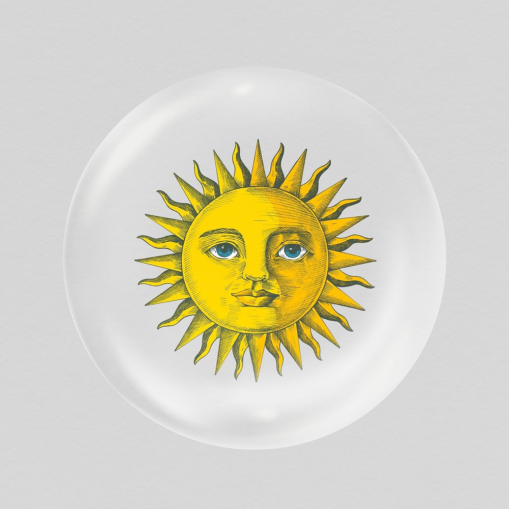 Celestial sun sticker, whimsical art in bubble psd
