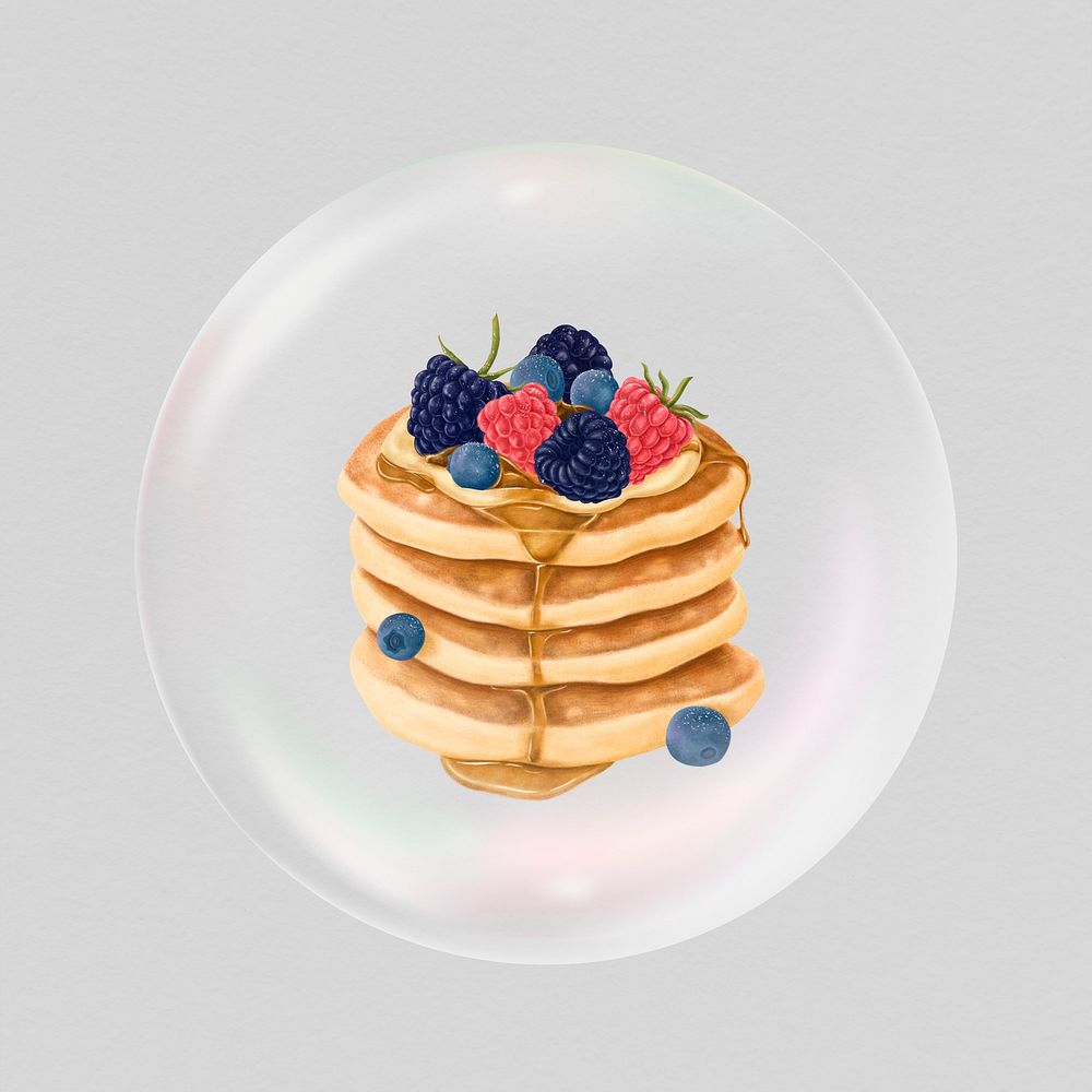 Berry pancakes in bubble, breakfast food illustration